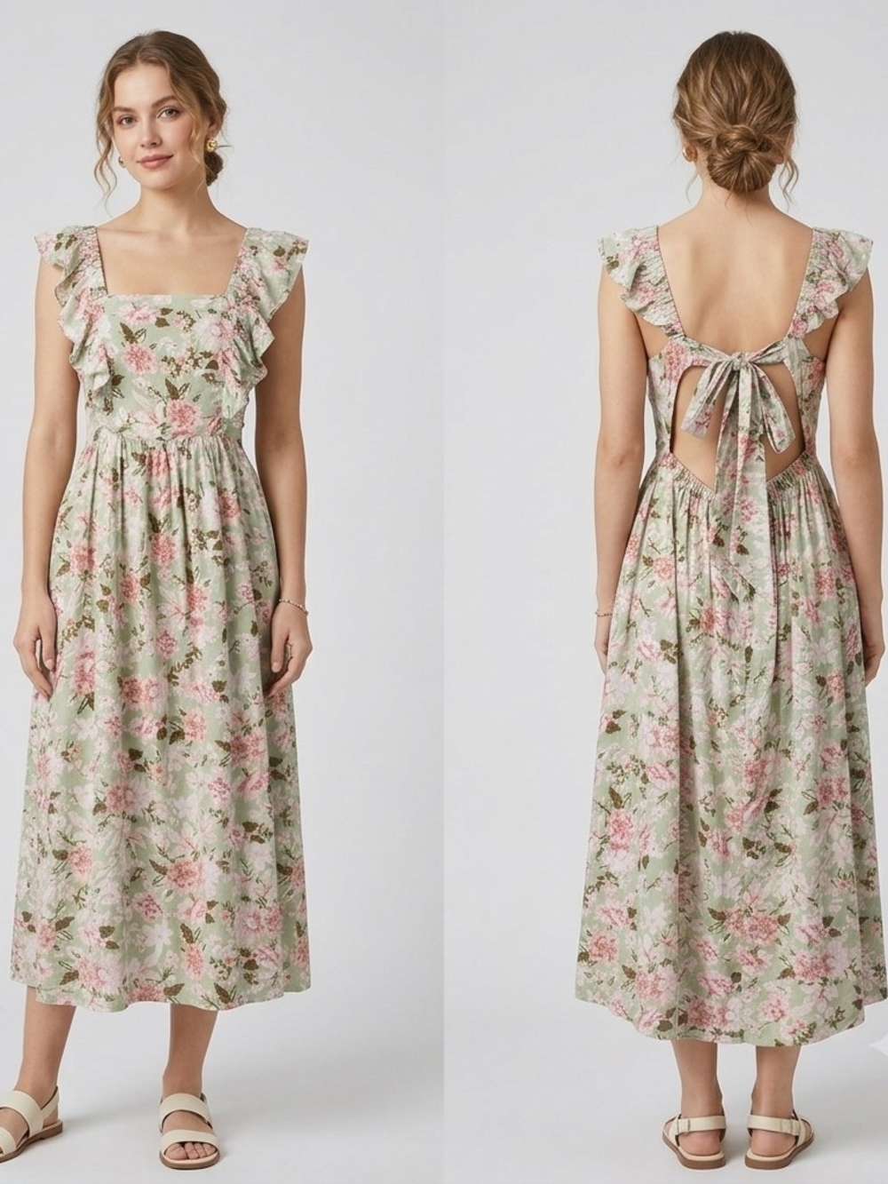 En Saison Floral Open Back Tie Midi Dress L Sage Pink Ruffle Sleeve Cottagecore